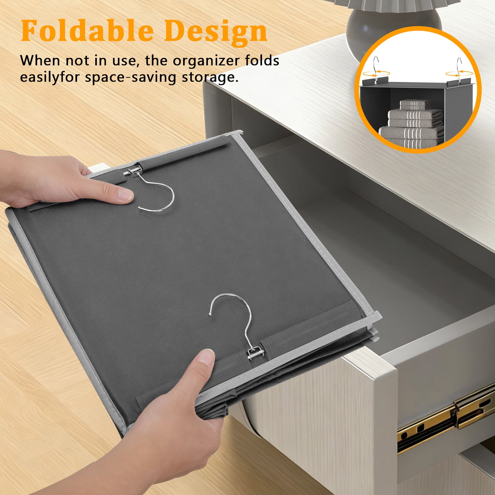 Closet Hanging Storage Shelves, 6-Shelf Hanging Closet Organizer with Bamboo Inserts, Foldable Closet Organizers and Storage for Bedroom,Sturdy Hook Closet Storage W/ 2 Side Pockets,Gray