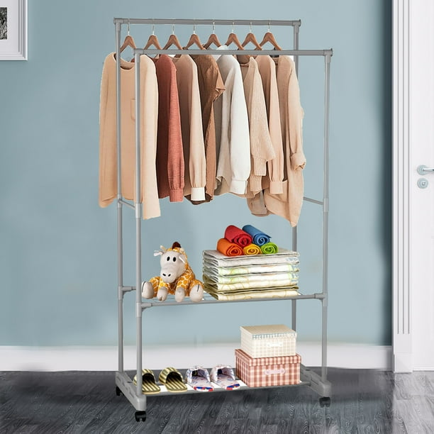 Double Hanging Garment Rack with 2 Tier Shelf for Shoes ...