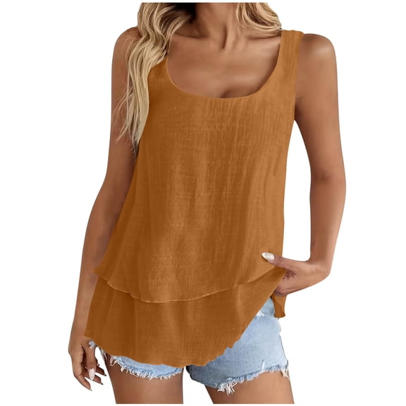 Women's Chiffon Double Layered Tank Tops Summer Sleeveless Round Neck Blouses Shirts Tunic Tops