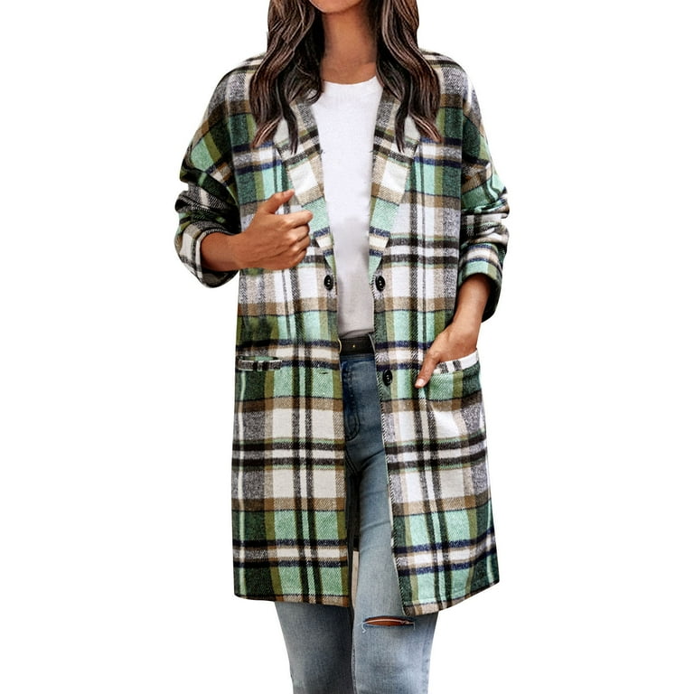 Grid Print Lapel Long Sleeve Coat, Elegant Pocket Buttons