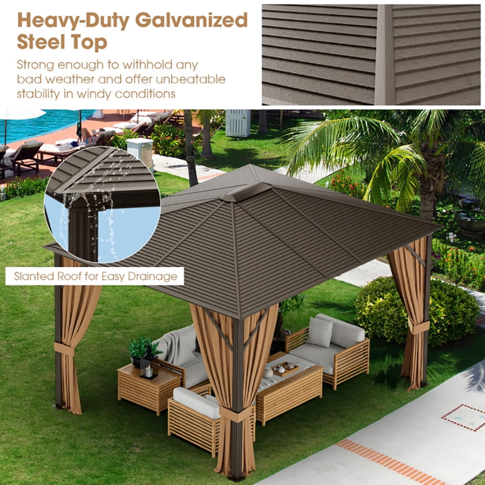 Aimee Lii 12 x10 Feet Outdoor Hardtop Gazebo with Galvanized Steel Top and Netting, Backyard Canopy Gazebo for Party Wedding BBQ Events, Brown