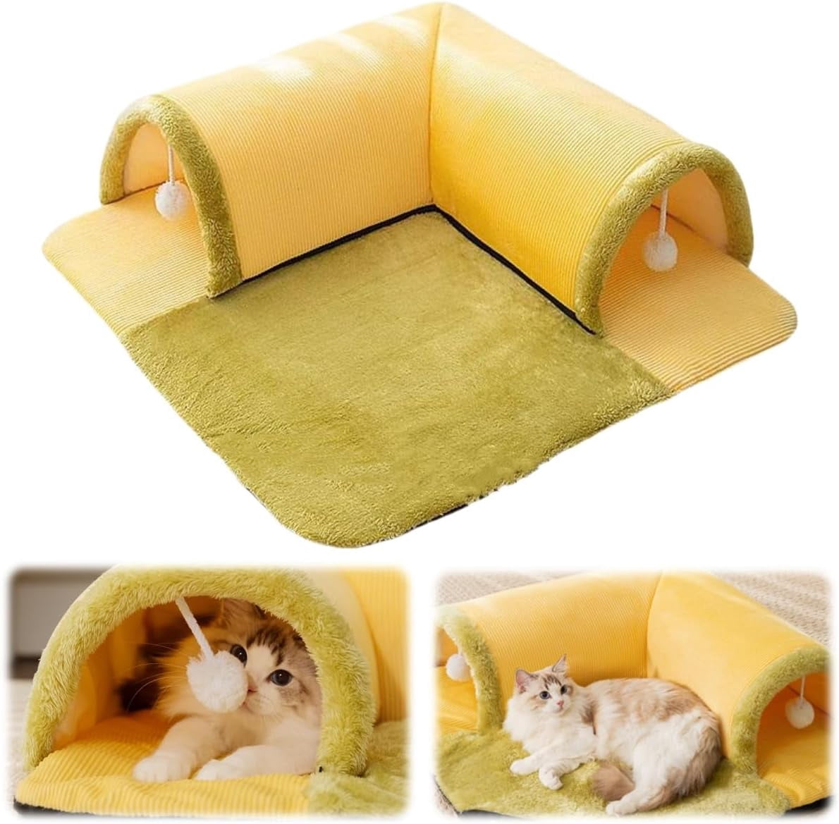 Cat Tunnel Bed,Cat Tunnel Bed for Indoor Cats,2 in 1 Cat Bed Play Tunnel Cats Play Mat,Hanging Toy Balls,Cats Activity Center,Detachable & Washable, Great Gift for Small Pets