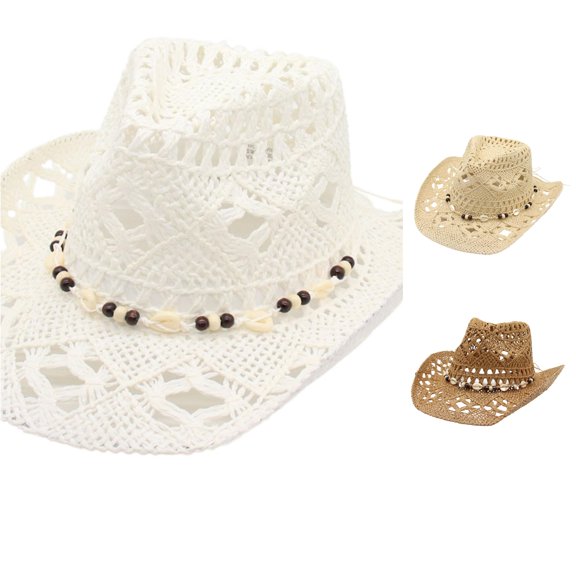 Xijirk Open Straw Cowboy Hat with Wide Brim UPF 50 Bead Breathable Hollow Weave Sun Hat for Beach Music Festival Ranch Travel Outdoor Daily Wear,White,One Size