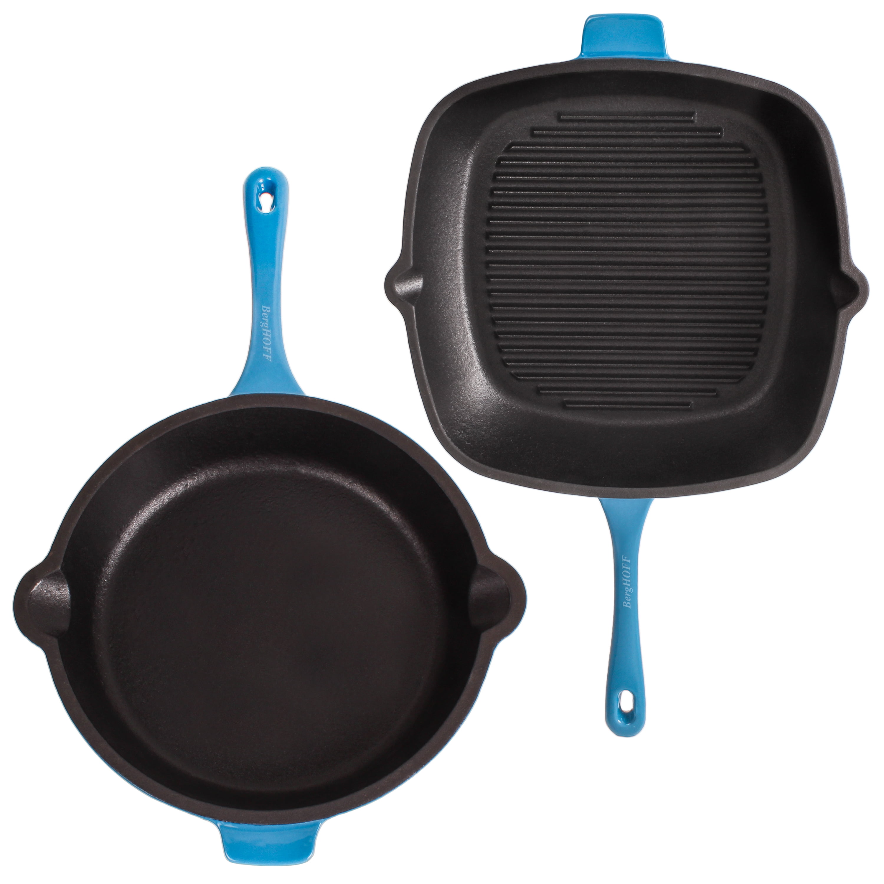 BergHOFF Neo 2pc Cast Iron 10" Fry Pan & 11" Grill Pan Cookware Set, Blue