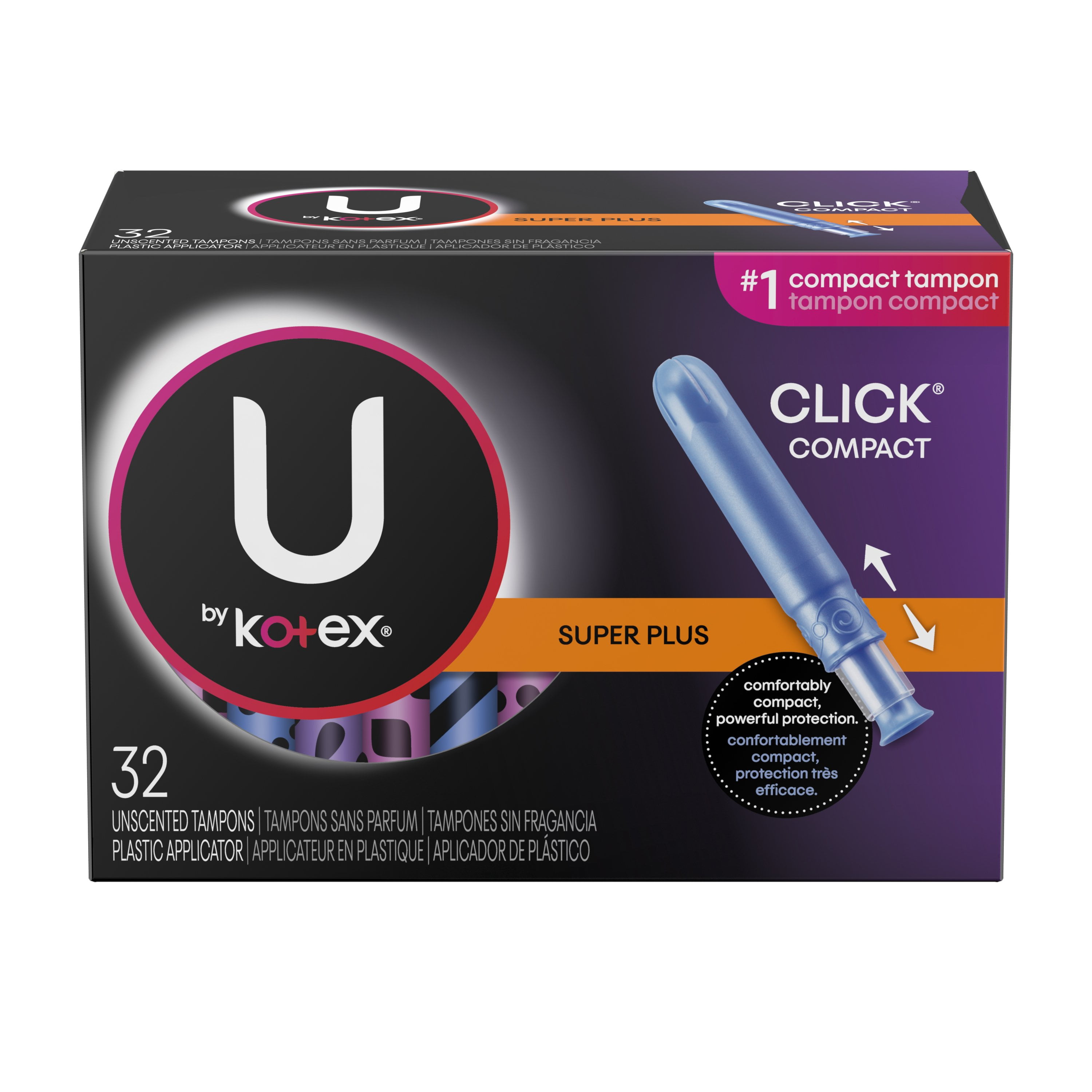 U by Kotex Click Compact Tampons, Super Plus Absorbency, Unscented, 32