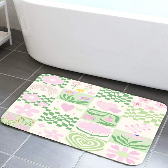 Retro Cute Floral Bathroom Rugs Mat, Abstract 70s Green Pink Checkered Rainbow Flower Aesthetic Bathroom Floor Mat, Home for Kitchen Bedroom Washable Floor Rug Non-Slip, 15.7X23.6in
