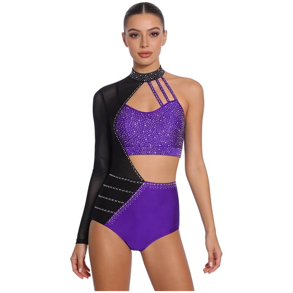 TiaoBug Gymnastics Leotard for Women Rhinestone Color Block Asymmetrical Cutout Mesh Rhinestone Ballet Dance Bodysuit Purple S