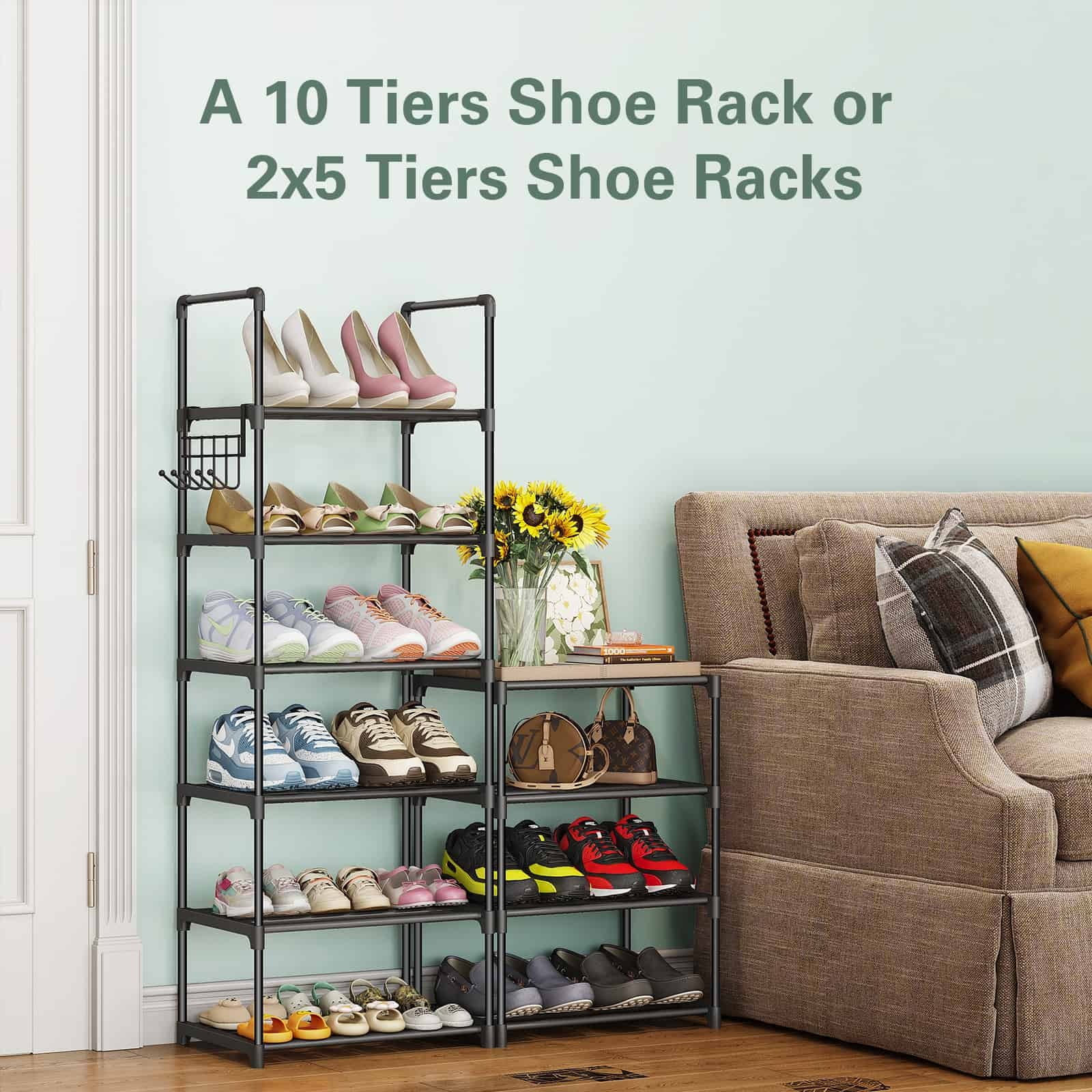 10 Tier Metal Shoes Rack, Bug Hull Narrow Stackable Shoes Shelf with Hooks, Shoe Tower for 20-24 Pairs Shoe and Boots Organizer, Black