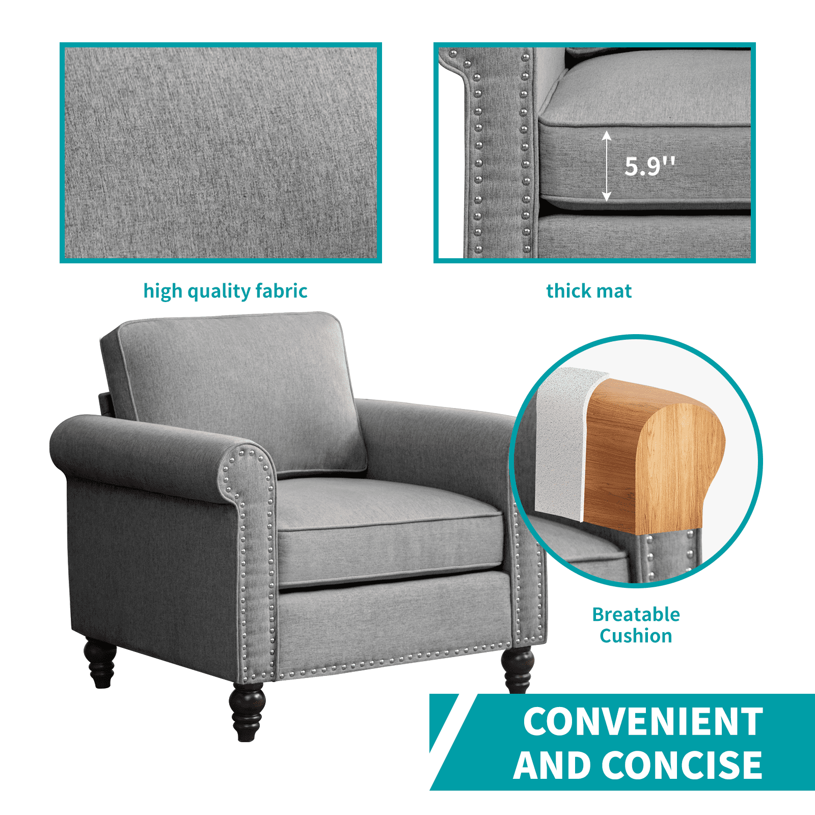MUZZ Living Room Furniture Sets with 5.9"Upholstered Cushion, 3-Seater Sofa Couch, Loveseat and Single Sofa Chair, Sofa Set for Living Room(Light Grey)