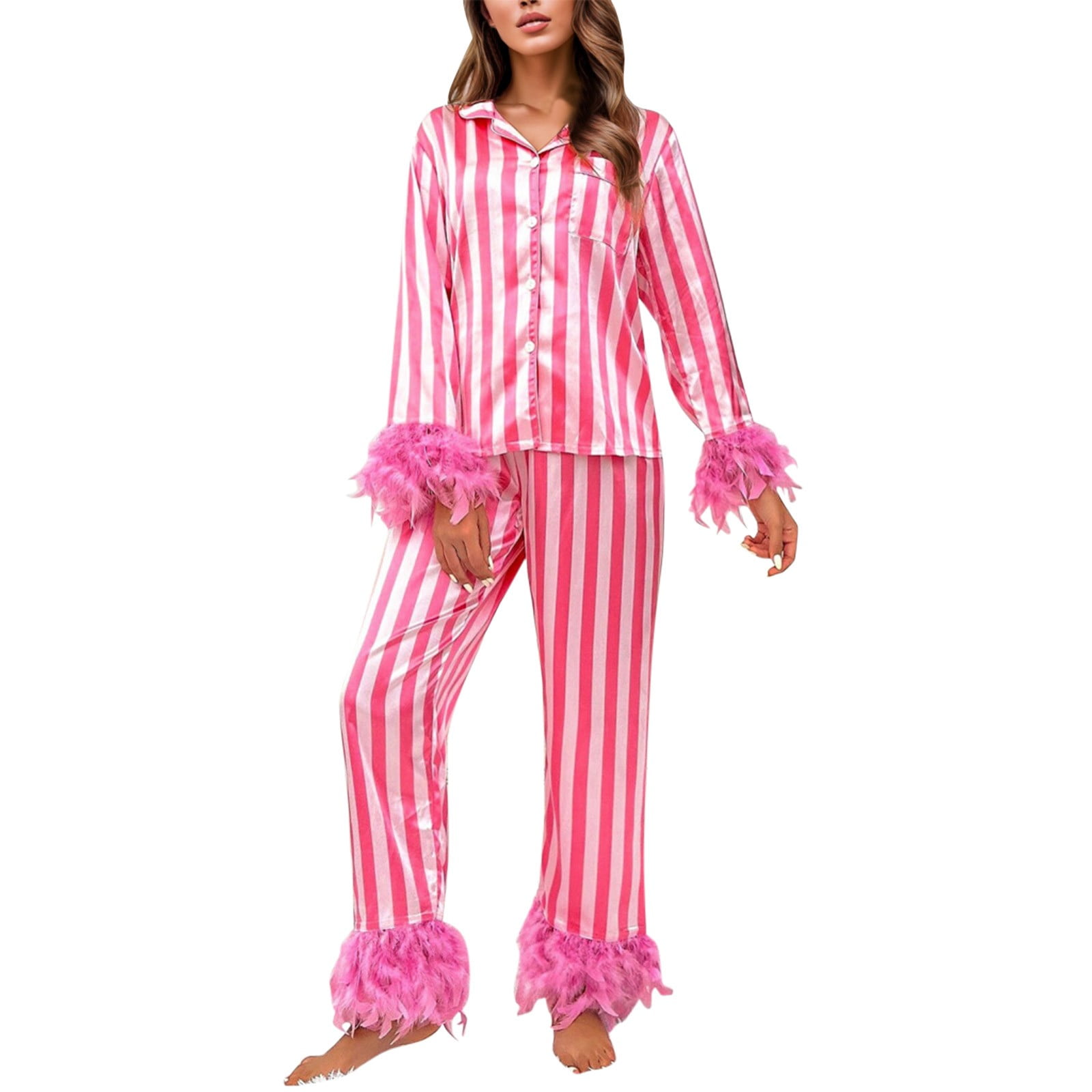 Pink and white striped silk pajamas sale