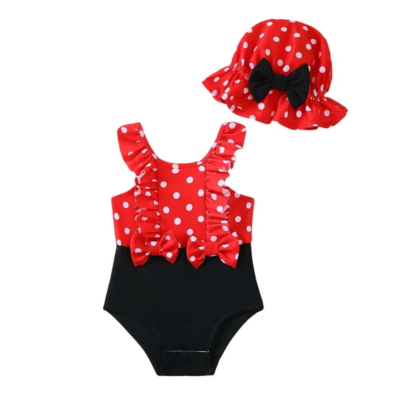 KIMI BEAR 3 Months Newborn Baby Girls One-piece Swimsuit 6 Months Bathing Suit Ruffle Sleeveless Rash Guard Beach Wear Bowknot Spots Print Swimwear with Hat 2pcs Summer Beach Swim Suit Red