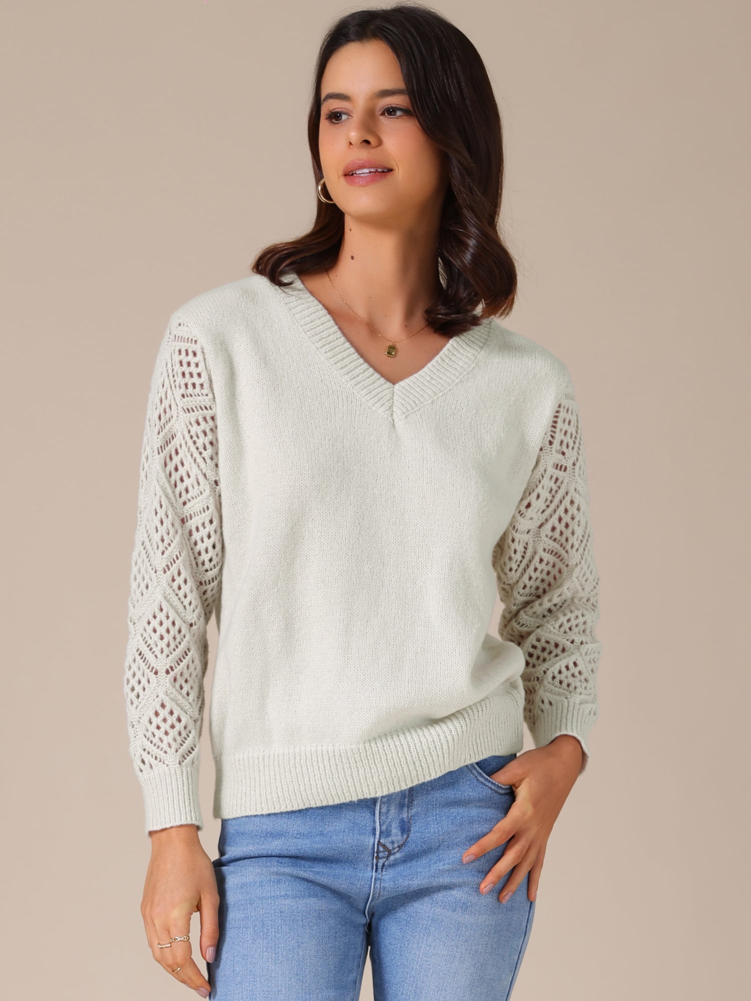 DARING DIVA Women's V Neck Hollow Out Long Sleeve Crochet Sweater Tops L Grey Beige