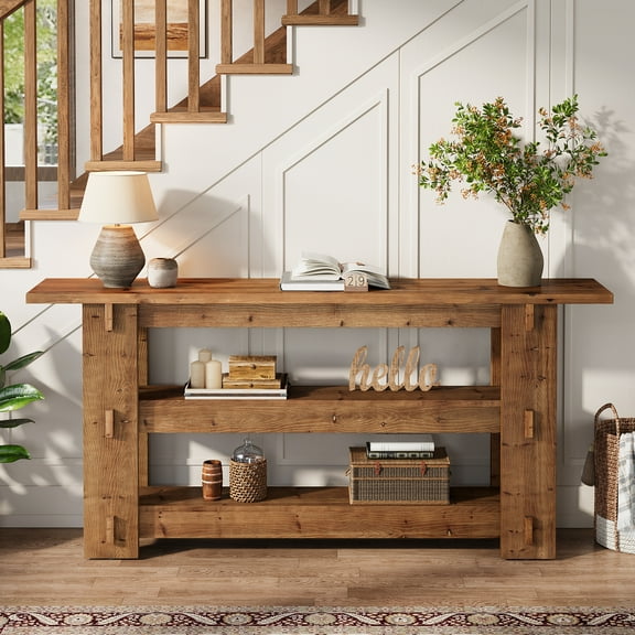Finmind 63-inch Solid Wood Console Table, Farmhouse Entryway Table with Storage Shelves, 3-Tier Sofa Console Behind the Couch for Living Room, Brown