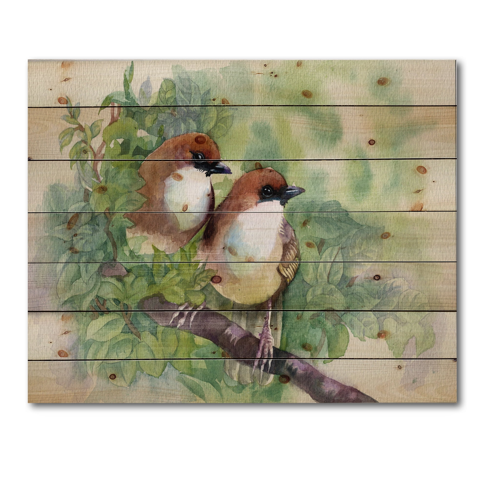 Designart 'Birds Of Spring Sitting On Branch' Traditional Print on Natural Pine Wood