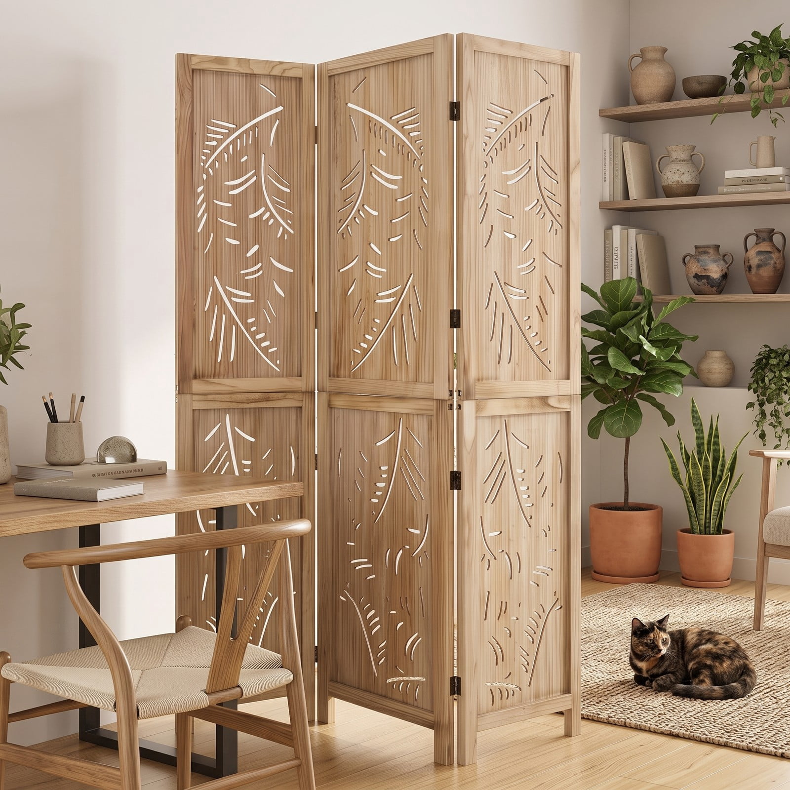 ALPULON 3-Panel Wooden Room Divider Freestanding Folding Privacy Screen with Palm Leaf Design and Paulownia Wood Frame for Living Room Bedroom Office, Natural