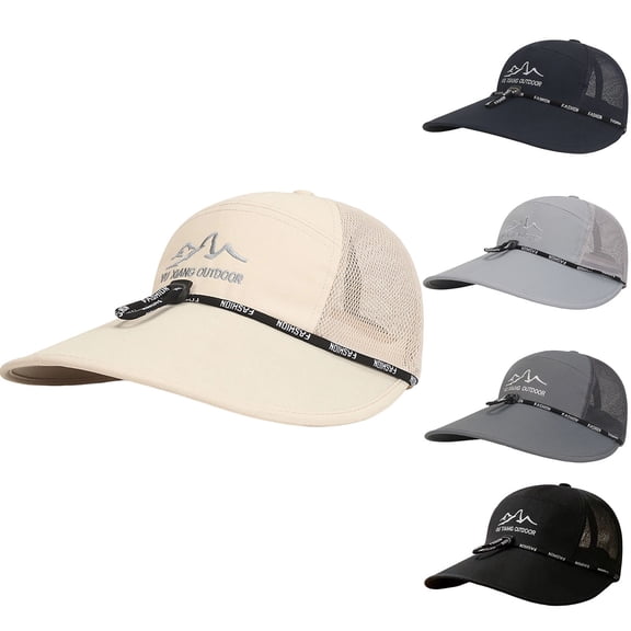 Hfnxid Unisex Summer Solid-Color Mesh Wide-Brim Baseball Hat, Embroidered Lettering Drawstring Visor Cap with Breathable Back, UPF Sporty Dad Hat for Outdoor Activities