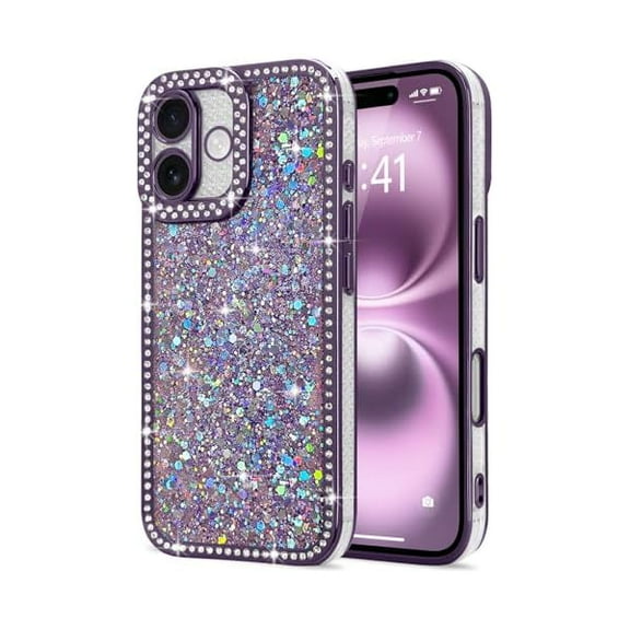 for iPhone 16 Case Glitter, Luxury Shiny Bling Sparkly Phone Cover with Crystal Diamonds Rhinestone for Women Girls Soft TPU Slim Shockproof Protective Phone Case for iPhone 16 6.1", Purple