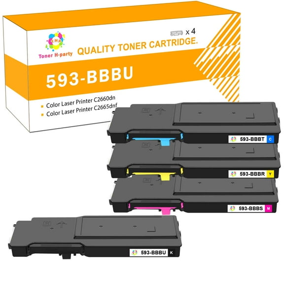 Toner H-Party 4-Pack Compatible Toner Cartridge for Dell 593-BBBU 593-BBBT 593-BBBS 593-BBBR Used with Dell Color Laser Printer C2660dn C2665dnf Printer Ink Black, Cyan, Magenta, Yellow