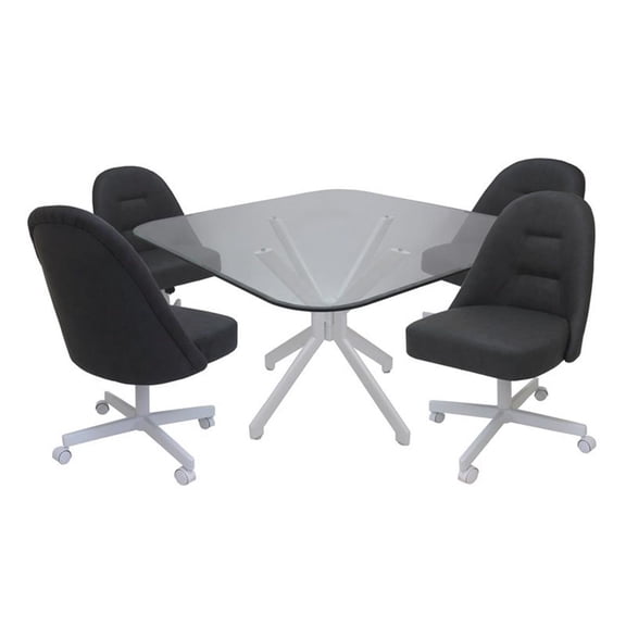 M-235 Dinette Swivel Metal Caster Chairs - Clear Glass - Grey Vinyl - White