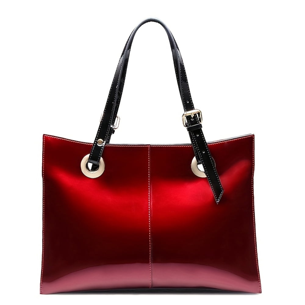 Feimina Patent Leather Shoulder Bag For Women,Genuine Shiny Large Leather Bag,Designer Luxury Handbags Women ,Wine Red Tote Purse, Large Capacity