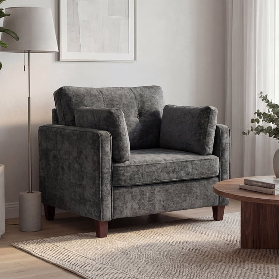 LAUSAINT HOME 40.9" Oversized Accent Chair with 32" Extra-Wide Seat, 6.7" Thick Cushion Modern Armchair with Solid Wood Legs and 2 Pillows, Chenille, Gray