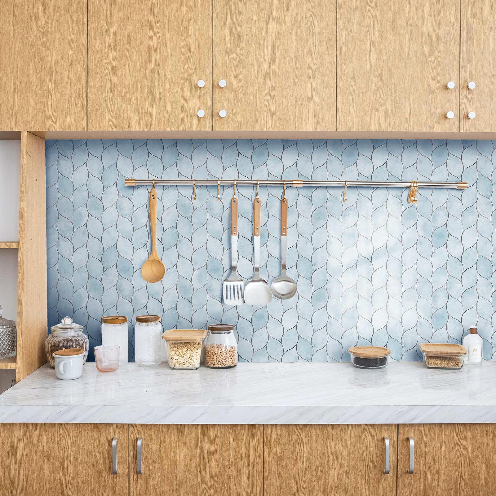 10-sheet Peel And Stick Backsplash Tile For Kitchen  Self-adhesive Mosaic Glossy Leaf On Wall With Gaps (pastel Blue)