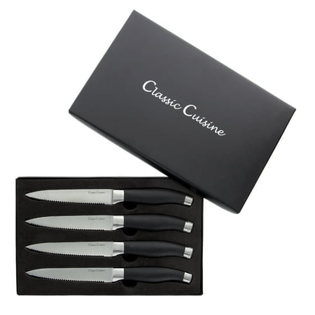 Professional Quality 4 Piece Stainless Steel Steak Knife Set 5 inch Hand Forged Serrated Edged Knives for Home or Restaurant by Classic