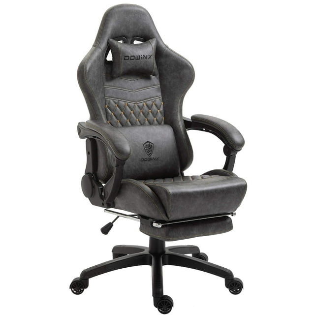 Dowinx Gaming Chair Office Chair PC Chair with Massage Lumbar Support, Vintage Style PU Leather High Back Adjustable Swivel Task Chair with Footrest (Grey)