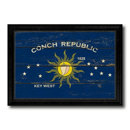 Conch Republic Key West City Florida State Flag Vintage Canvas Print Black Picture Frame Home Decor Wall Art Gifts -
