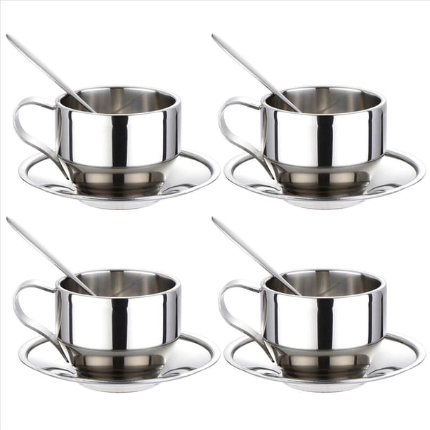 Juego de Tazas de Café con Aislamiento - Tazas de Café Espresso de Doble Pared de Acero Inoxidable de Té de Capuchino con Leche con Platillo Y Cuchara 125 Ml (Juego de 4)
