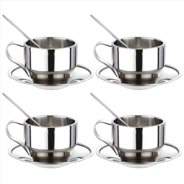 Juego de Tazas de Café con Aislamiento - Tazas de Café Espresso de Doble Pared de Acero Inoxidable de Té de Capuchino con Leche con Platillo Y Cuchara 125 Ml (Juego de 4)