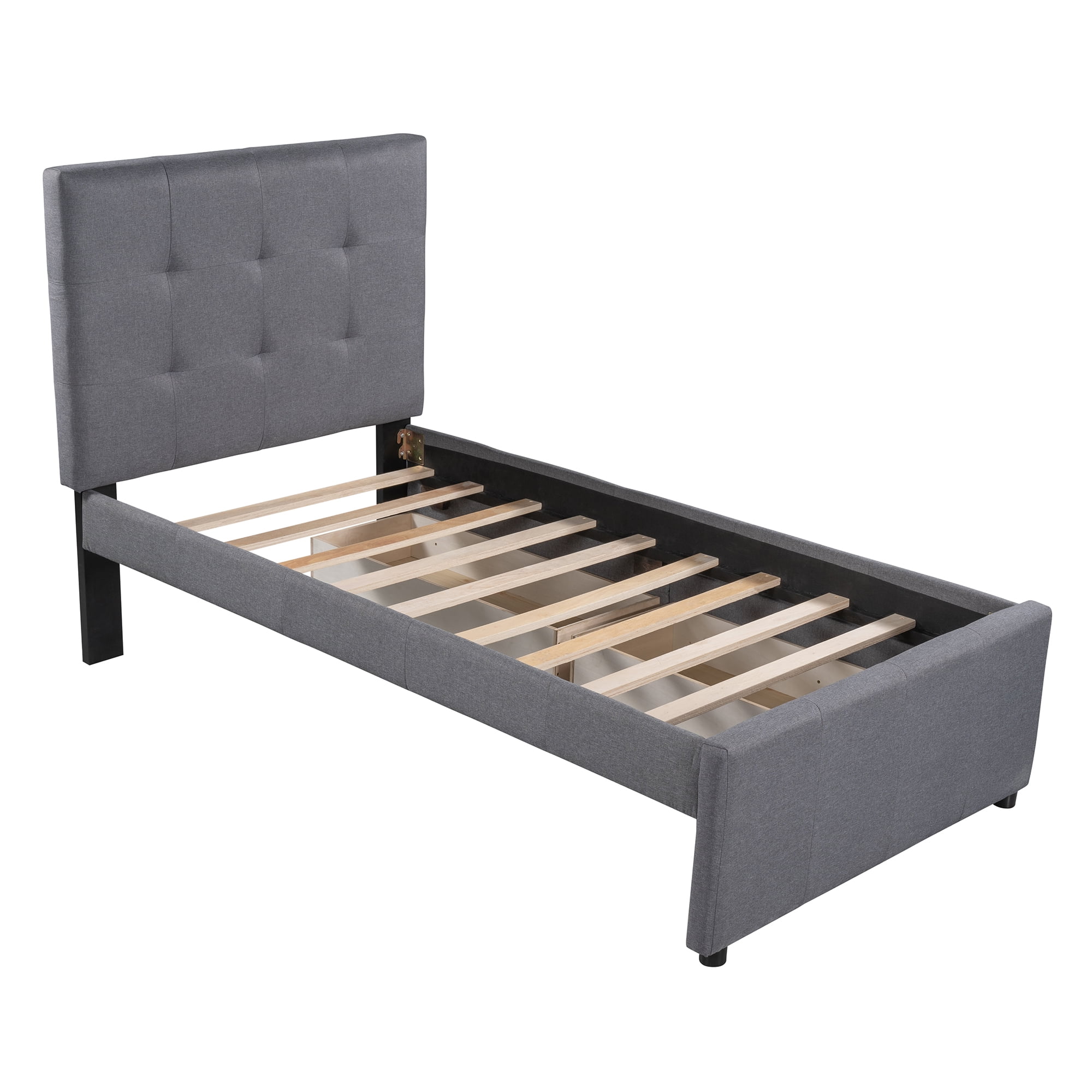 Euroco Upholstered Twin Size Platform Bed with 2 Storage Drawers for Kids, Gray