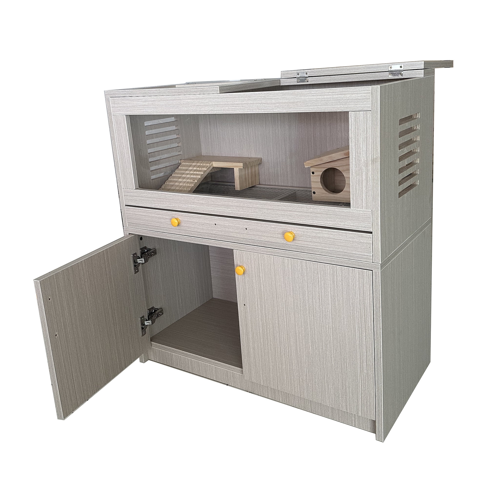 Guinea Pig Cages, Small Animal Cage with Drawer & Storage Cabinet, Openable Top with Acrylic Sheets, Wooden Hamster Cage for Hedgehog Gerbil & Rat