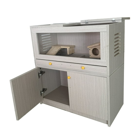 M optimized Hamster Habitat Cage, Wooden Hamster Cage With Storage Cabinet & Drawer, Openable Top, Bridges, Guinea Pig Cage for Small Pet Gerbil Hedgehog