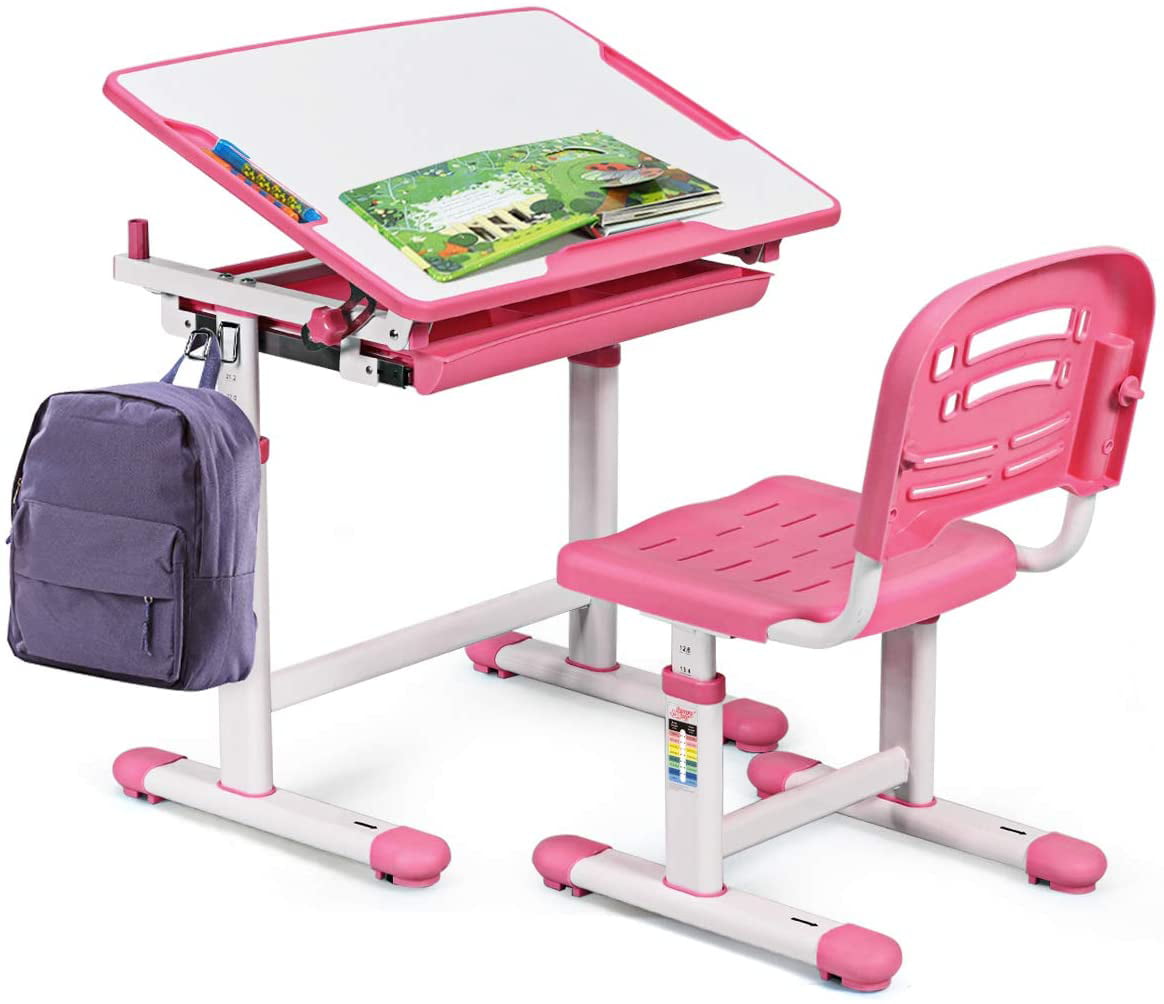 IKAYAA Adjustable Kids Desk Chair Set Tiltable Children Activity Table Study Desk & Chair Set for age 3 to 10,Bule