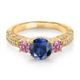 thumbnail image 2 of Gem Stone King 18K Yellow Gold Plated Silver Blue Created Sapphire Pink Lab Grown Diamond and White Moissanite Engagement Ring for Women (2.18 Ct, Gemstone September Birthstone, Round 7MM, Size 8), 2 of 3