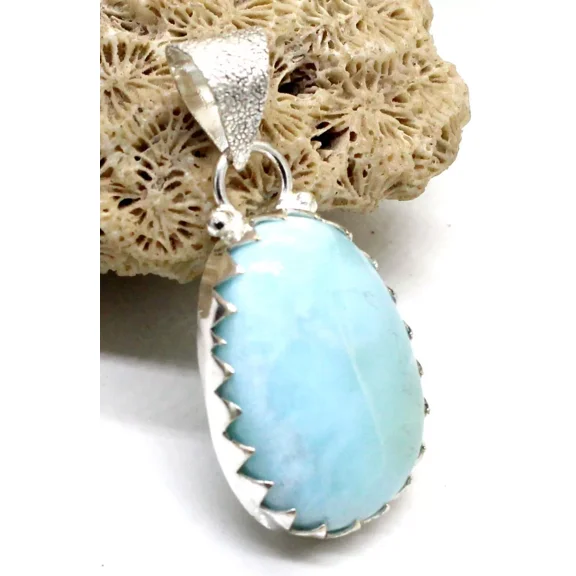 925 Sterling Silver Blue Larimar Gemstone Handmade Jewelry Pendant Size-2"