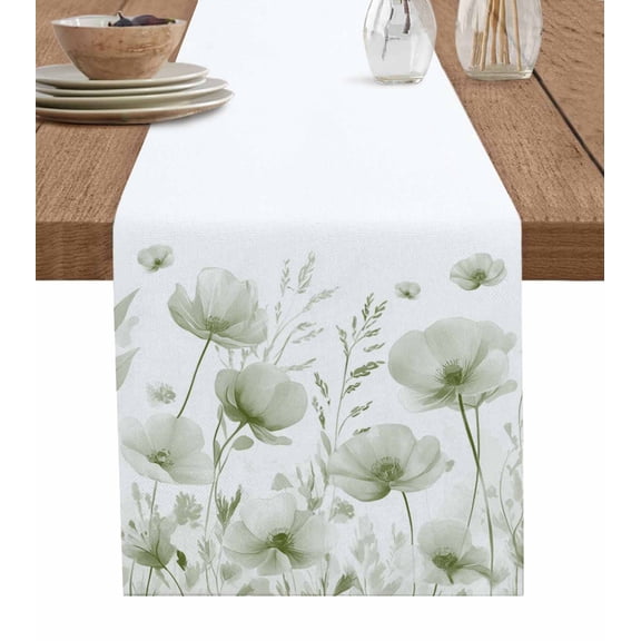 Ldtrchee Sage Green Floral Table Runner 48 Inches, Botanical Flower Plant Herb Watercolor Bed Runner Dresser Scarves Tabletop for Indoor Outdoor Parties/Ceremony/Banquet, 13" x 48"