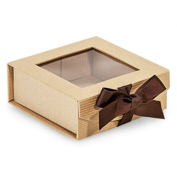24 PK, Kraft Pinstripe Folding Box With Window & Ribbon Closures 4 x 4 x 1.5" For Showcasing Gourmet Food