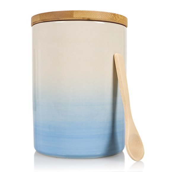 Arthausen Vintage Blue Ceramic 1080mL 4 cup Food Storage Jar Canister with Airtight Bamboo Lid and Bamboo Spoon, Modern Farmhouse Design Container for Counter - Great for Flour Coffee Sugar