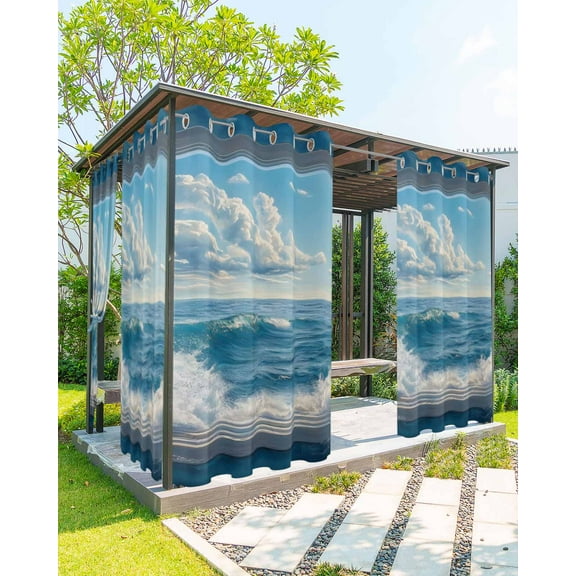 Outdoor Curtains for Patio, Blue Sky Ocean Waterproof Blackout Outside Curtain for Porch/Pergola/Gazebo, Coastal Sea Waves Summer Window Scenery Thermal Insulated Drapes, 2 Panels, 54 x 95 Inch
