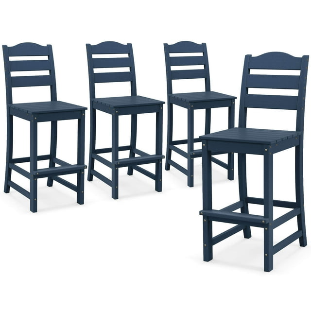 Costway Outdoor 4pcs HDPE Bar Stool Patio Tall Chair Backrest Footrest All Weather Navy