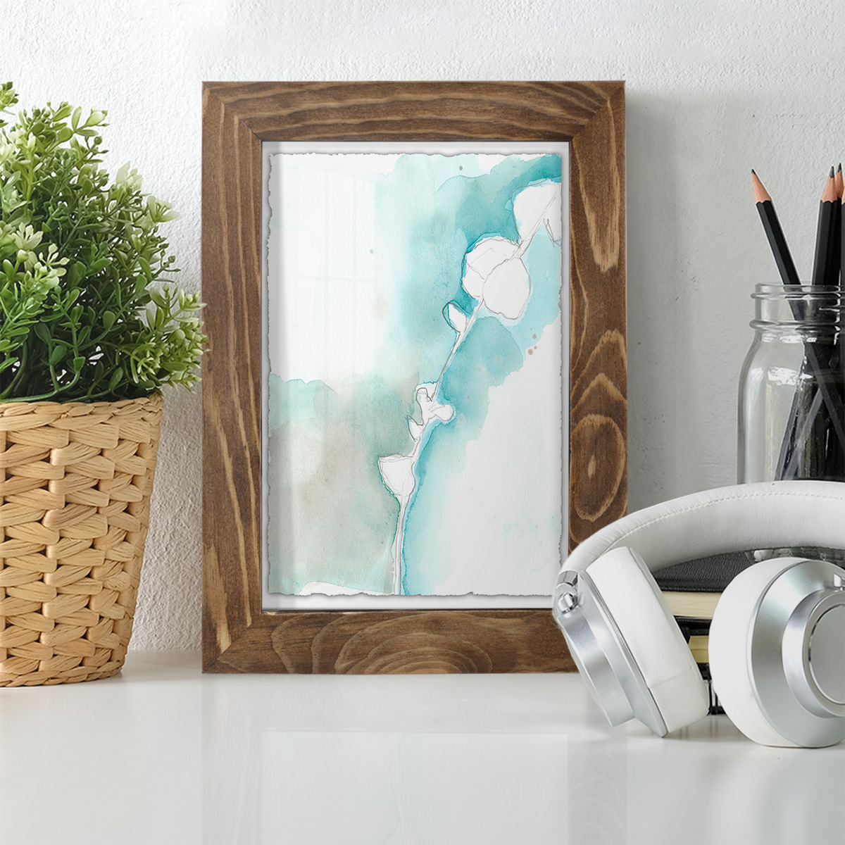 Ginkgo on Dusty Teal VII - Framed Print w/glass - Walnut