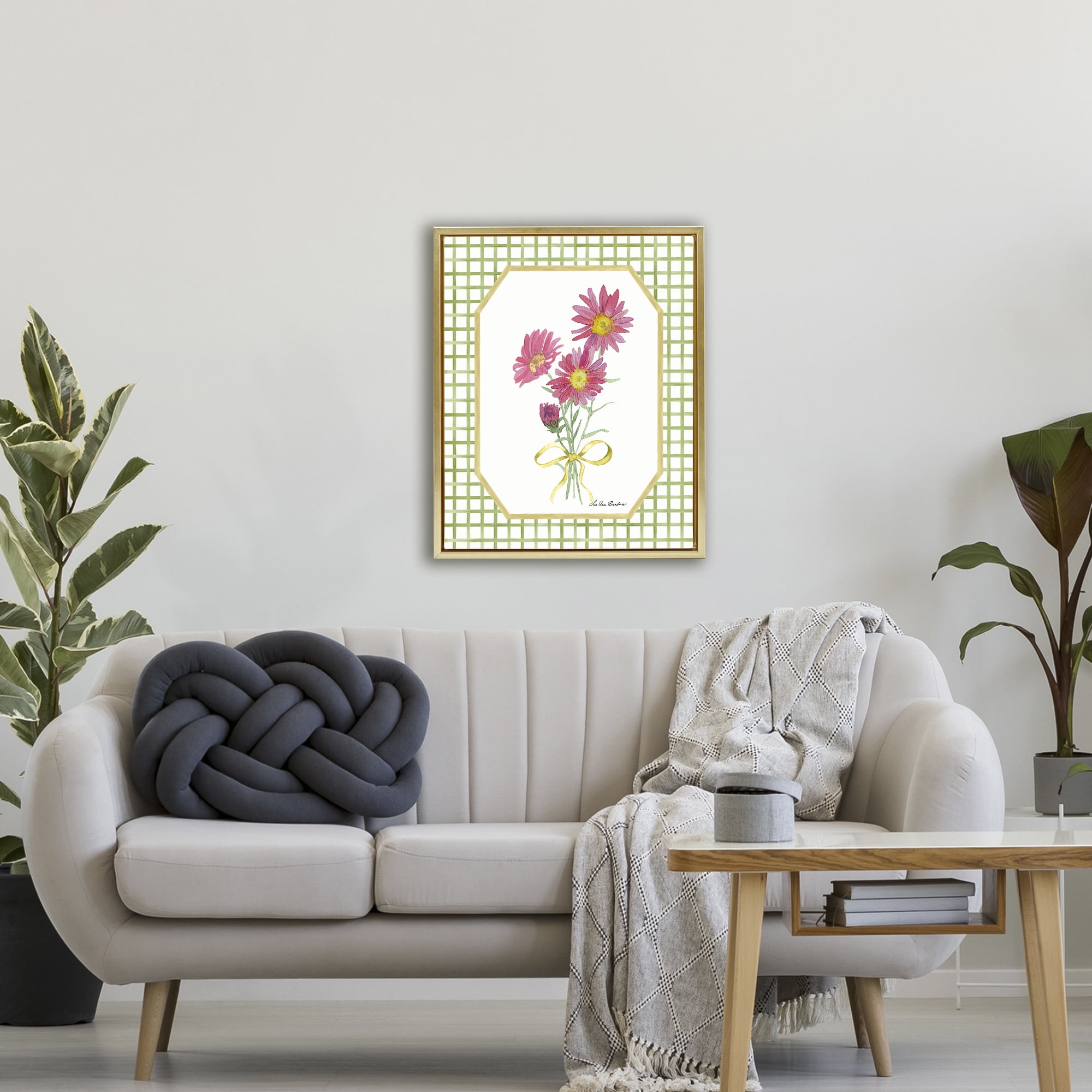 Botanical Story on Gingham Gold Framed Floater Canvas Wall Art, design by Lee Ann Sanders