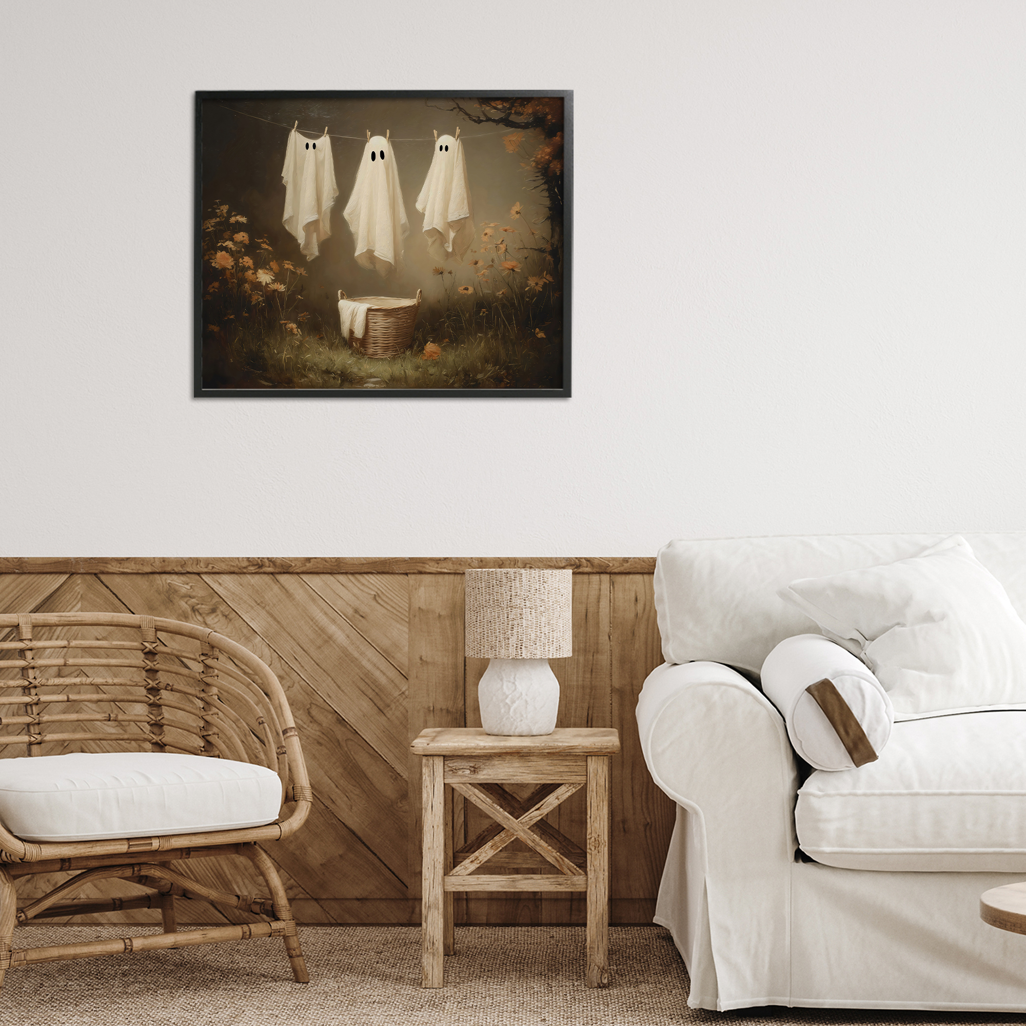 Three Laundry Ghosts Hanging Black Framed Giclee Art, design by Arlington Prints