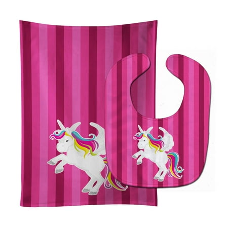 

Carolines Treasures BB9090STBU Unicorn Pink Stripes Baby Bib and Burp Cloth 11 x 18 multicolor
