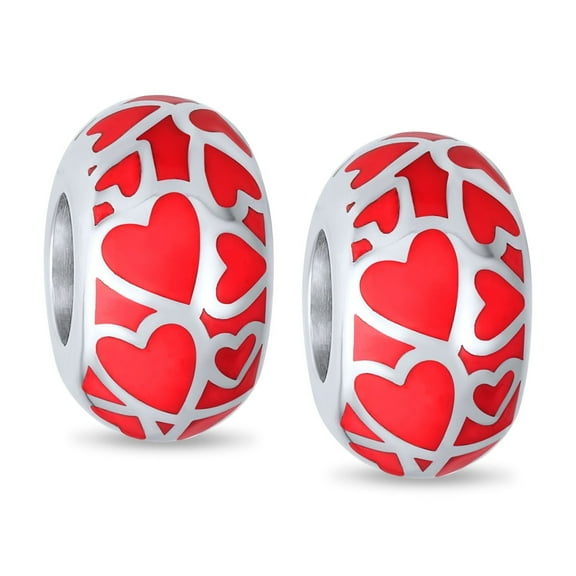Bling Jewelry Womens Set of 2 Red Silver Heart Murano Glass Charm Bead for European Bracelets