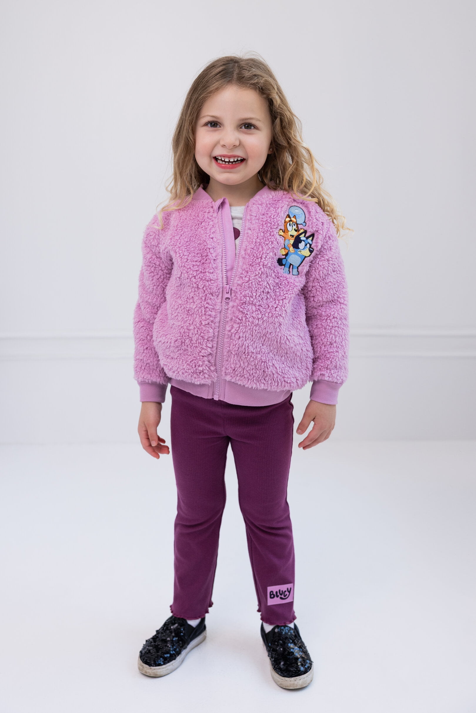 Bluey Bingo Faux Shearling Zip Up Bomber Jacket, T-Shirt and Ribbed Flare Pants 3 Piece Outfit Set Toddler to Big Kid