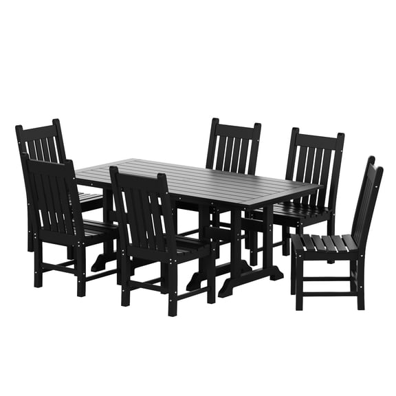 WestinTrends Malibu 7 Piece Patio Dining Set, All Weather Poly Lumber Outdoor Table and Chairs Furniture Set, 71" Trestle Dining Table with Umbrella Hole and 6 Patio Chairs, Black