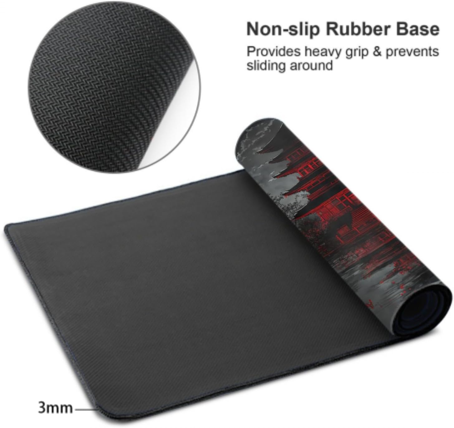 Japanese XXL Gaming Mouse Pad - 35.4x15.7 Inch Black Red Design, Extended Large Keyboard Full Desk Mat, Non-Slip Rubber Base, Stitched Edges, Perfect for Home Office